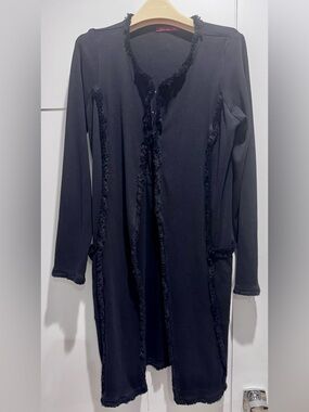 Long Black Fringe-Trim Cardigan - sweatshirt material